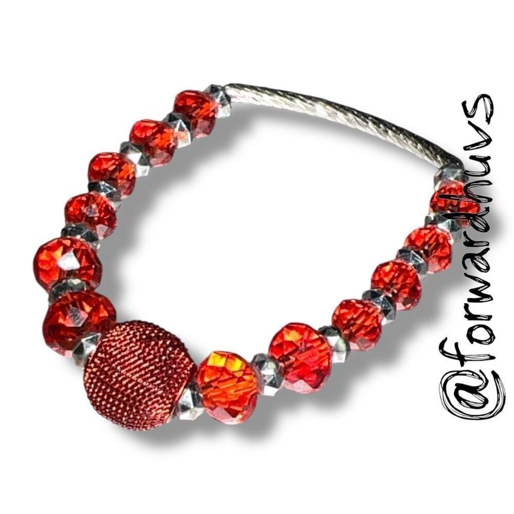Bundle Sale 3 for $15 | Faceted Red Bead Stretch Bracelet Textured Center Bead